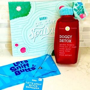 NWT Bark Box Pure Pup Juice Cleanse Doggy Detox Dog Toy AND Sniff Butts Bandana